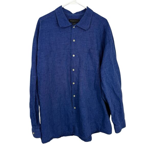Riggings Mens Linen Blend Button Up Shirt Mens size XXL Solid Blue Long Sleeves - Picture 1 of 8